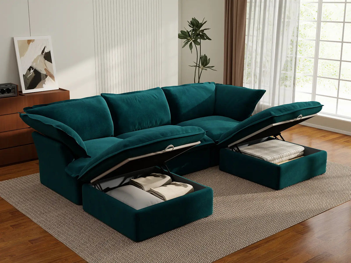 Sofá modular en forma de U de 3 plazas Deluxe Cloud | 5 piezas (incluye 2 otomanas), tela de terciopelo, otomana con almacenaje
