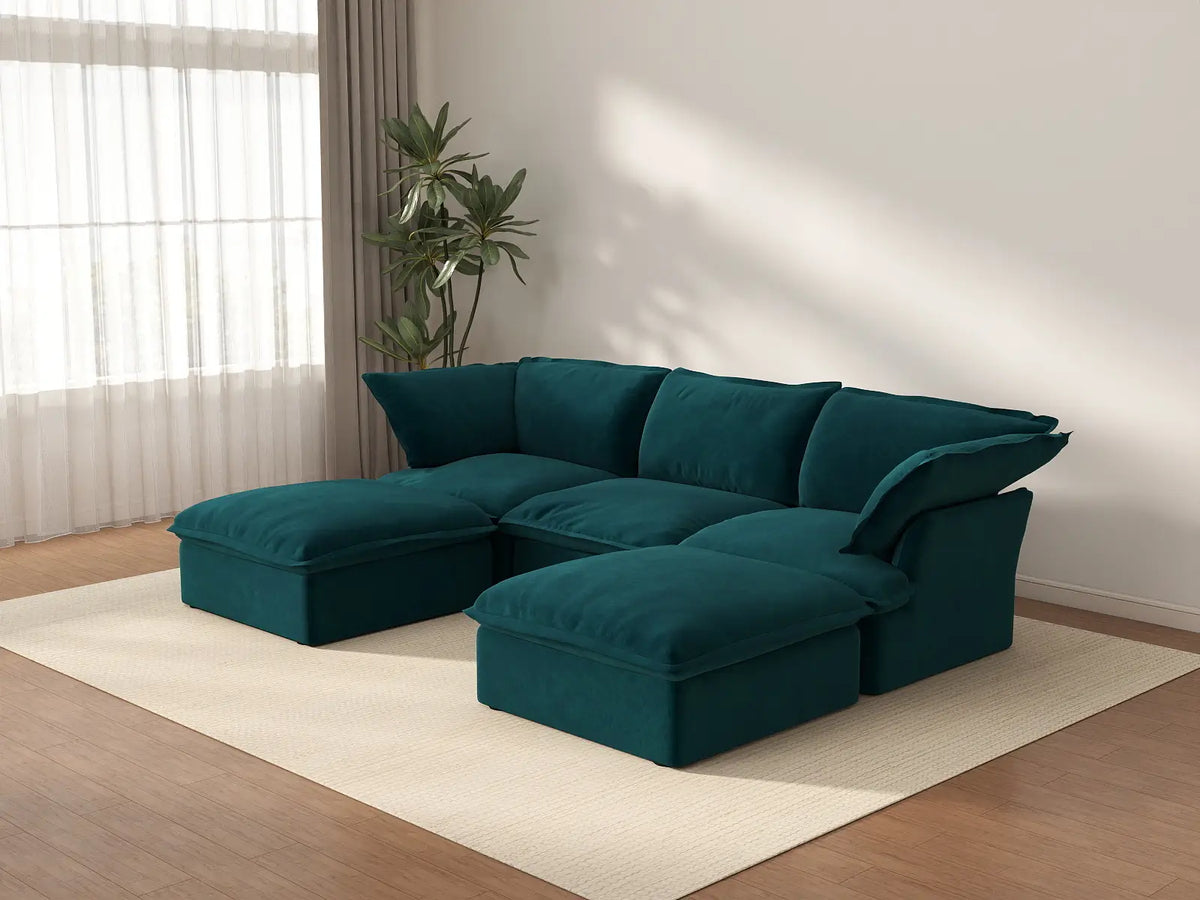 Sofá modular en forma de U de 3 plazas Deluxe Cloud | 5 piezas (incluye 2 otomanas), tela de terciopelo, otomana con almacenaje