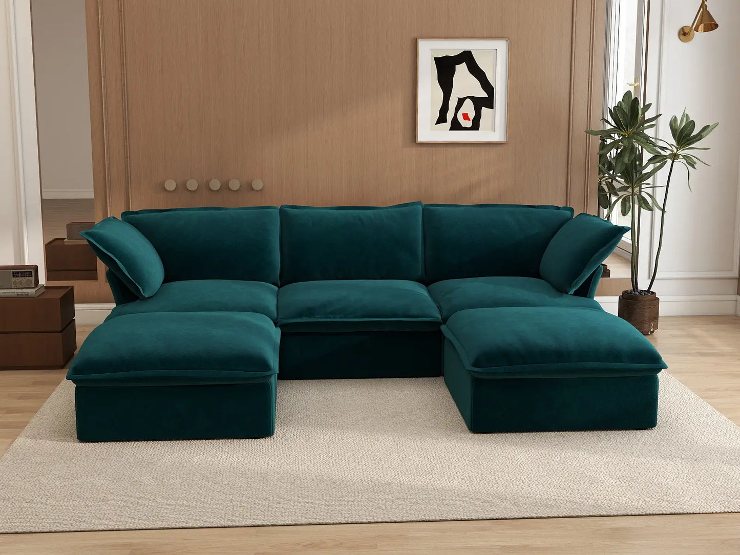 Sofá modular en forma de U de 3 plazas Deluxe Cloud | 5 piezas (incluye 2 otomanas), tela de terciopelo, otomana con almacenaje
