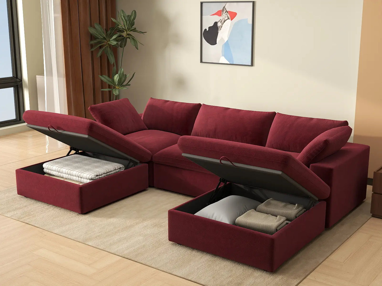 Deluxe Cloud 3-Seater U-Shaped Sectional in Claret Velvet | 5-Piece (Includes 2 Ottomans), Family Room Seating, Easy To Clean, Stylish Design