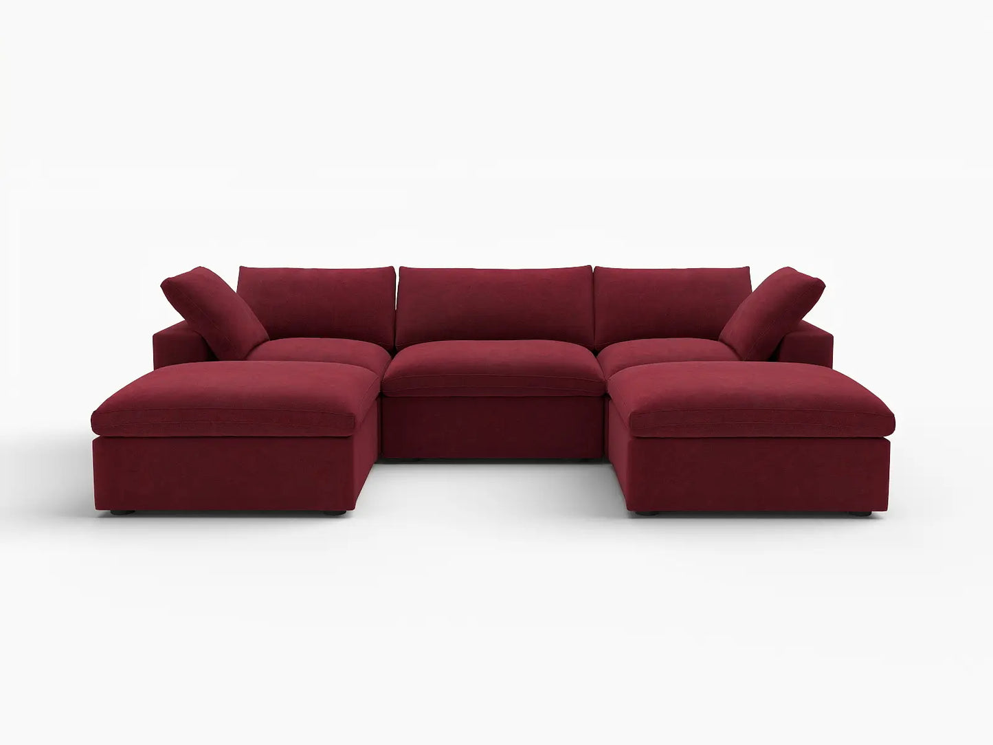 Deluxe Cloud 3-Seater U-Shaped Sectional in Claret Velvet | 5-Piece (Includes 2 Ottomans), Family Room Seating, Easy To Clean, Stylish Design