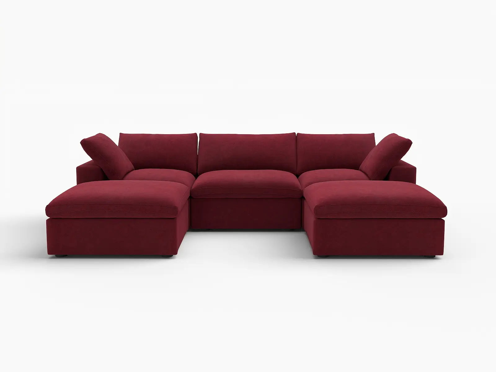 Deluxe Cloud 3-Seater U-Shaped Sectional in Claret Velvet | 5-Piece (Includes 2 Ottomans), Family Room Seating, Easy To Clean, Stylish Design