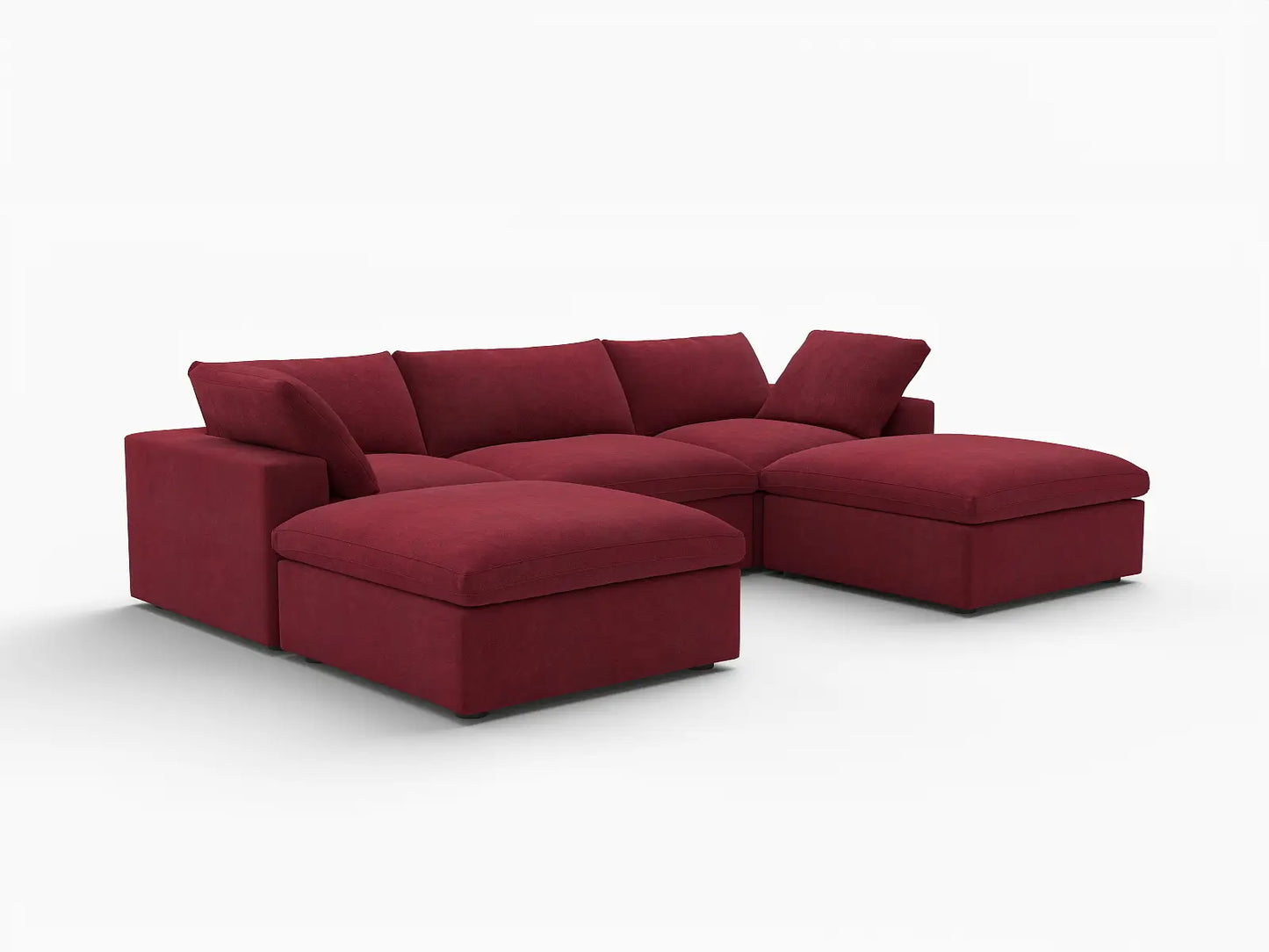 Deluxe Cloud 3-Seater U-Shaped Sectional in Claret Velvet | 5-Piece (Includes 2 Ottomans), Family Room Seating, Easy To Clean, Stylish Design