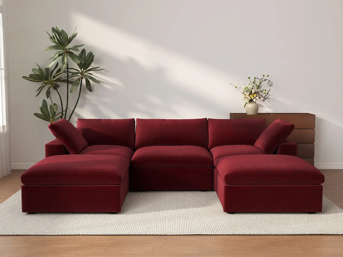 Deluxe Cloud 3-Seater U-Shaped Sectional in Claret Velvet | 5-Piece (Includes 2 Ottomans), Family Room Seating, Easy To Clean, Stylish Design