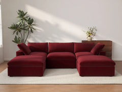 Deluxe Cloud 3-Seater U-Shaped Sectional in Claret Velvet | 5-Piece (Includes 2 Ottomans), Family Room Seating, Easy To Clean, Stylish Design