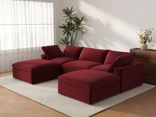 Deluxe Cloud 3-Seater U-Shaped Sectional in Claret Velvet | 5-Piece (Includes 2 Ottomans), Family Room Seating, Easy To Clean, Stylish Design