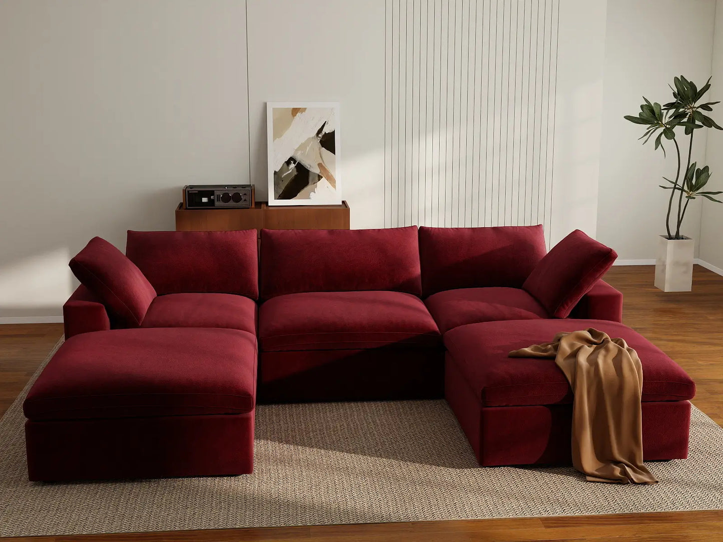 Deluxe Cloud 3-Seater U-Shaped Sectional in Claret Velvet | 5-Piece (Includes 2 Ottomans), Family Room Seating, Easy To Clean, Stylish Design