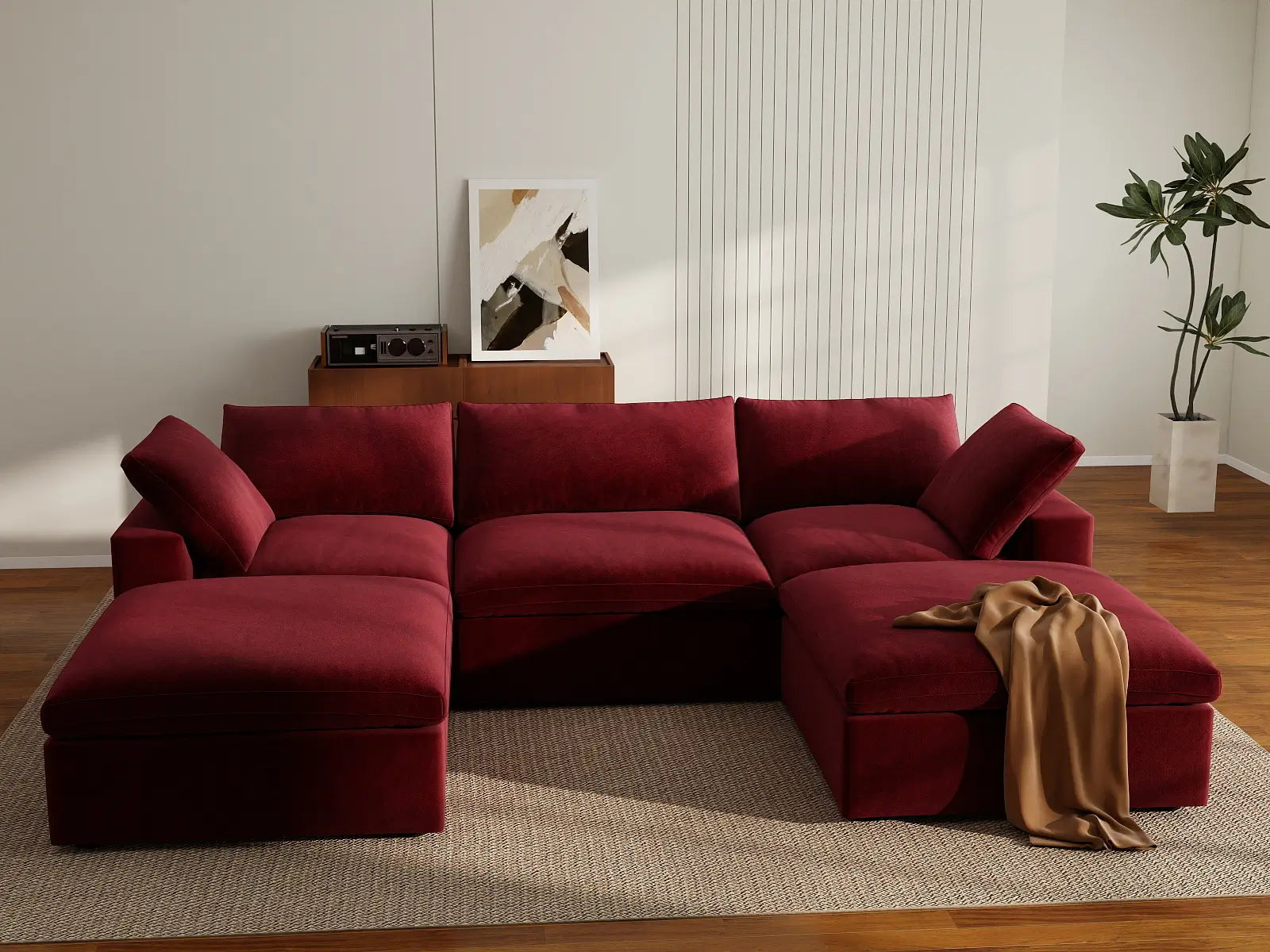 Deluxe Cloud 3-Seater U-Shaped Sectional in Claret Velvet | 5-Piece (Includes 2 Ottomans), Family Room Seating, Easy To Clean, Stylish Design