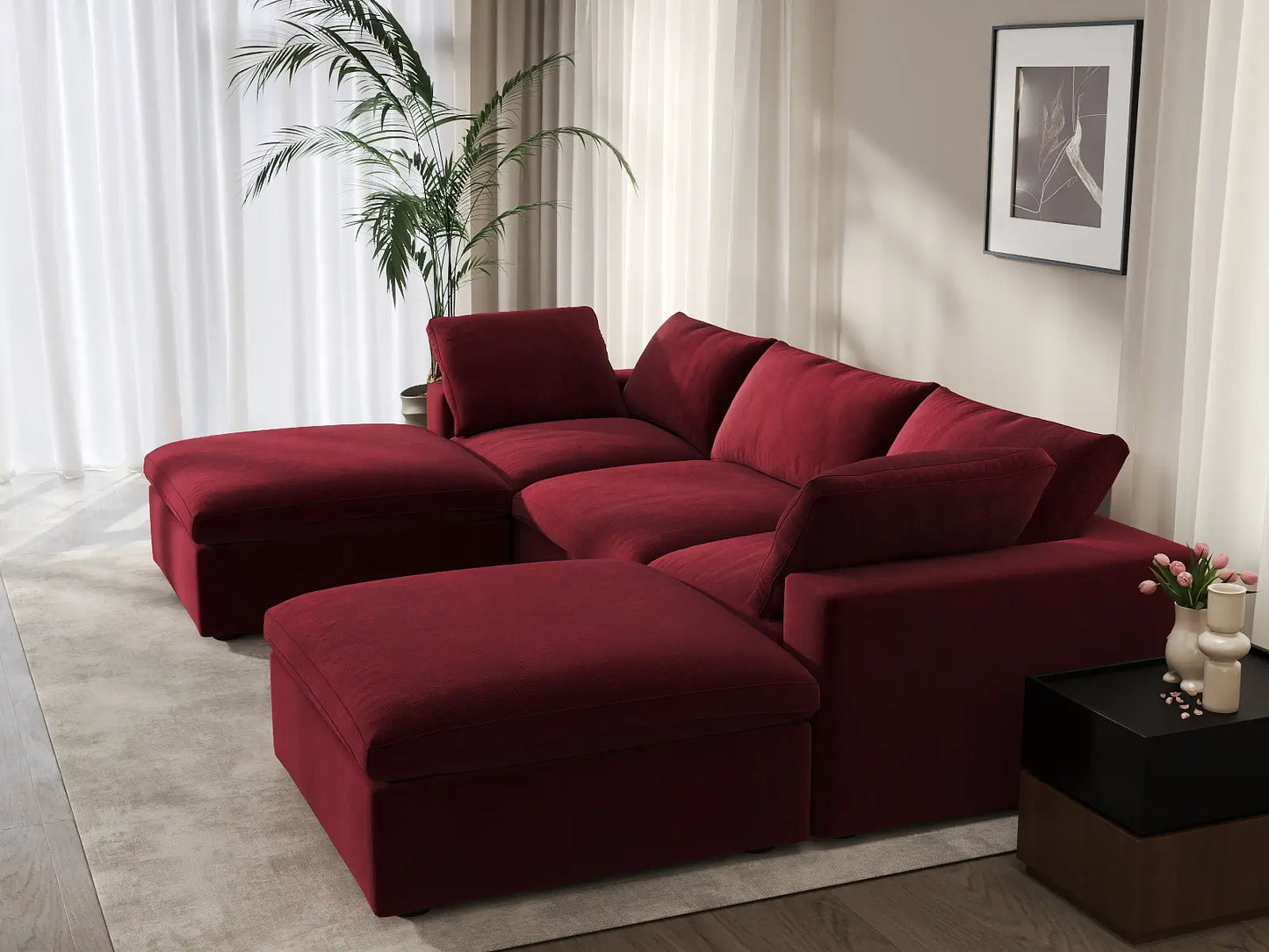 Deluxe Cloud 3-Seater U-Shaped Sectional in Claret Velvet | 5-Piece (Includes 2 Ottomans), Family Room Seating, Easy To Clean, Stylish Design