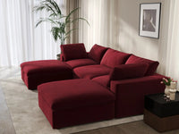 Deluxe Cloud 3-Seater U-Shaped Sectional in Claret Velvet | 5-Piece (Includes 2 Ottomans), Family Room Seating, Easy To Clean, Stylish Design