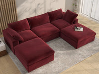 Deluxe Cloud 3-Seater U-Shaped Sectional in Claret Velvet | 5-Piece (Includes 2 Ottomans), Family Room Seating, Easy To Clean, Stylish Design