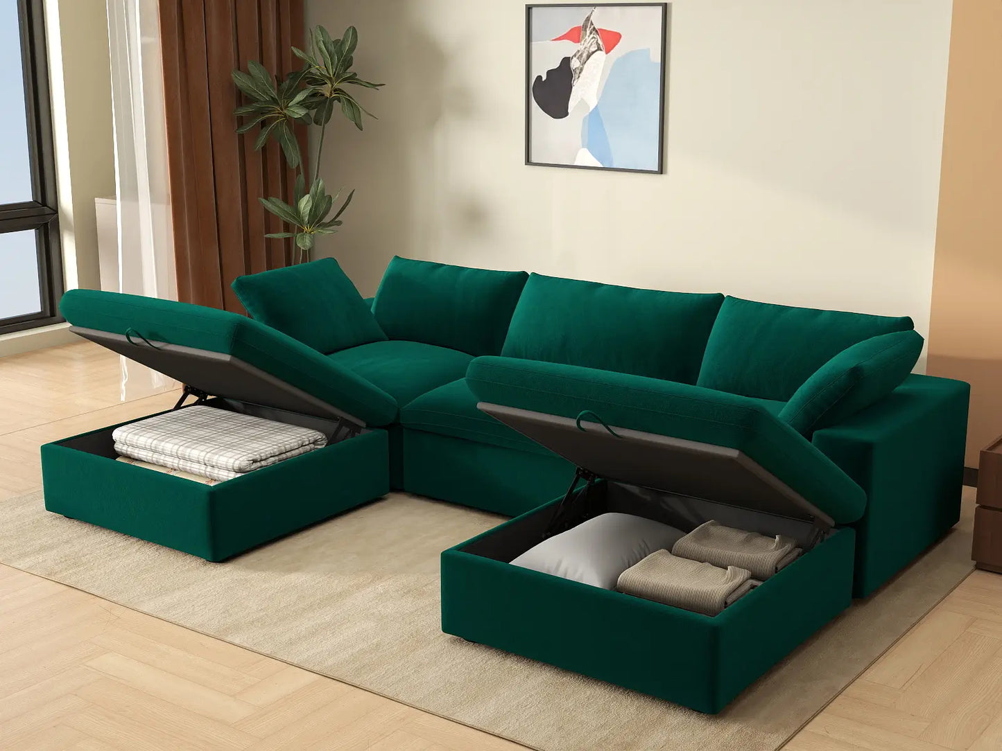 Deluxe Cloud 3-Seater U-Shaped Sectional in Gem Green Velvet | 5-Piece (Includes 2 Ottomans), Family Room Seating, Easy To Clean, Modular Design