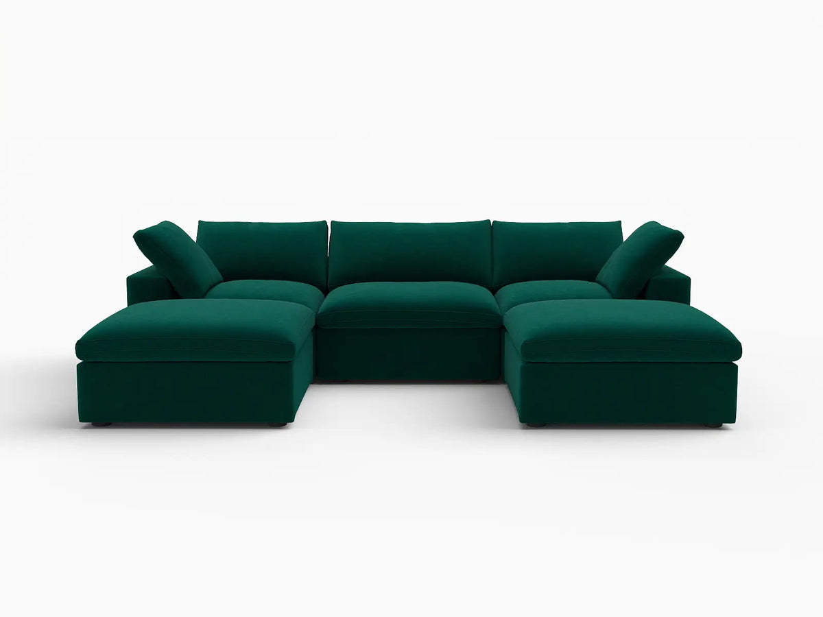 Deluxe Cloud 3-Seater U-Shaped Sectional in Gem Green Velvet | 5-Piece (Includes 2 Ottomans), Family Room Seating, Easy To Clean, Modular Design