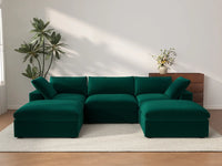 Deluxe Cloud 3-Seater U-Shaped Sectional in Gem Green Velvet | 5-Piece (Includes 2 Ottomans), Family Room Seating, Easy To Clean, Modular Design