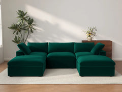 Deluxe Cloud 3-Seater U-Shaped Sectional in Gem Green Velvet | 5-Piece (Includes 2 Ottomans), Family Room Seating, Easy To Clean, Modular Design
