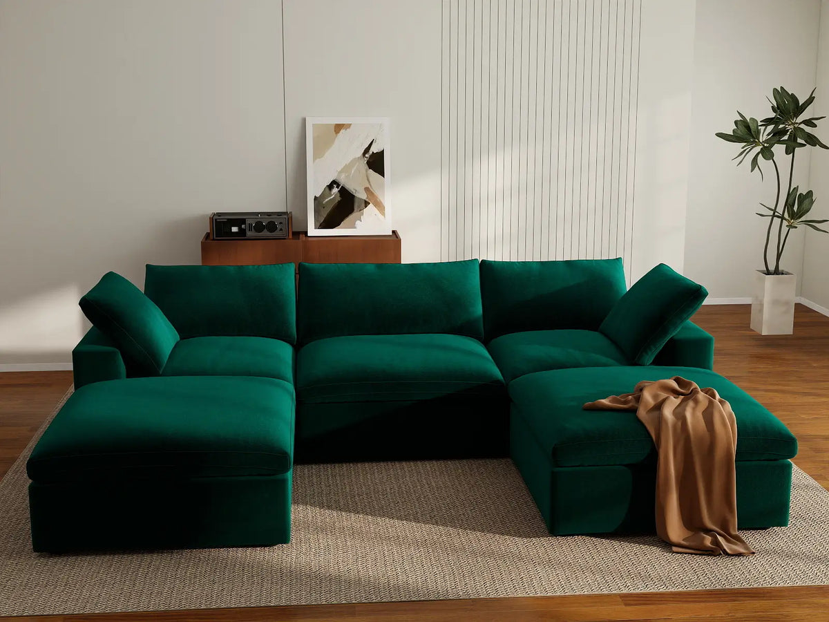 Deluxe Cloud 3-Seater U-Shaped Sectional in Gem Green Velvet | 5-Piece (Includes 2 Ottomans), Family Room Seating, Easy To Clean, Modular Design
