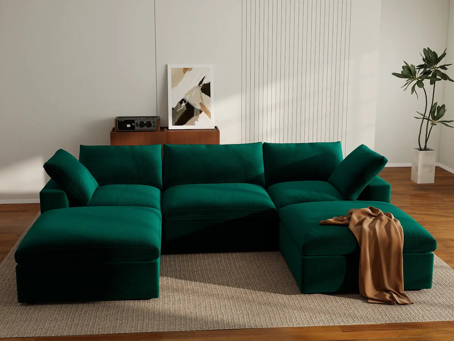Deluxe Cloud 3-Seater U-Shaped Sectional in Gem Green Velvet | 5-Piece (Includes 2 Ottomans), Family Room Seating, Easy To Clean, Modular Design