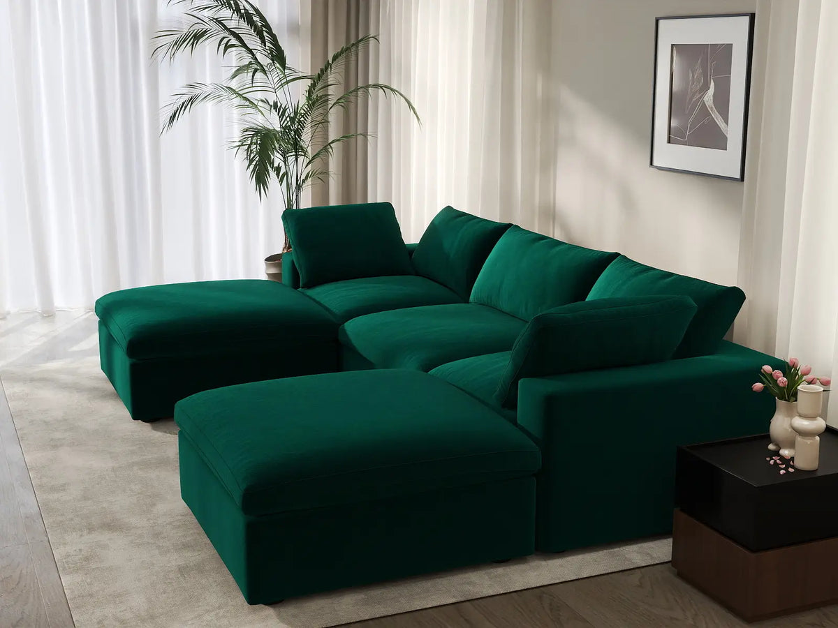 Deluxe Cloud 3-Seater U-Shaped Sectional in Gem Green Velvet | 5-Piece (Includes 2 Ottomans), Family Room Seating, Easy To Clean, Modular Design