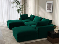 Deluxe Cloud 3-Seater U-Shaped Sectional in Gem Green Velvet | 5-Piece (Includes 2 Ottomans), Family Room Seating, Easy To Clean, Modular Design
