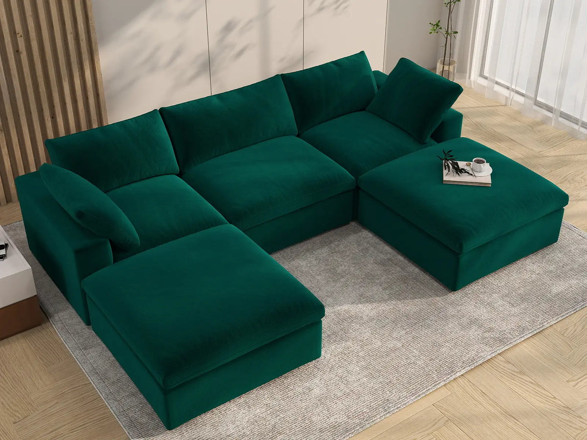 Deluxe Cloud 3-Seater U-Shaped Sectional in Gem Green Velvet | 5-Piece (Includes 2 Ottomans), Family Room Seating, Easy To Clean, Modular Design