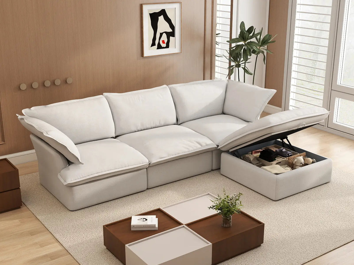 Sofá seccional en forma de L Deluxe Cloud de 3 plazas, color blanco, con espacio de almacenamiento | Juego de 4 piezas (incluye 1 otomana), tejido de lino y algodón, fundas lavables