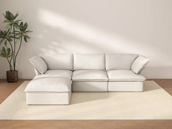 Deluxe Cloud 3-Seater White Storage L-Shaped Sectional | 4-Piece (includes 1 Ottoman), Linen and Cotton Fabric, Washable Covers