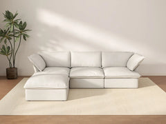 Sofá seccional en forma de L Deluxe Cloud de 3 plazas, color blanco, con espacio de almacenamiento | Juego de 4 piezas (incluye 1 otomana), tejido de lino y algodón, fundas lavables