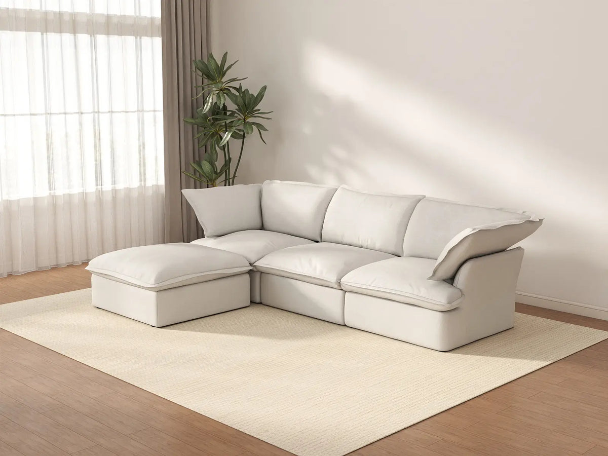 Sofá seccional en forma de L Deluxe Cloud de 3 plazas, color blanco, con espacio de almacenamiento | Juego de 4 piezas (incluye 1 otomana), tejido de lino y algodón, fundas lavables