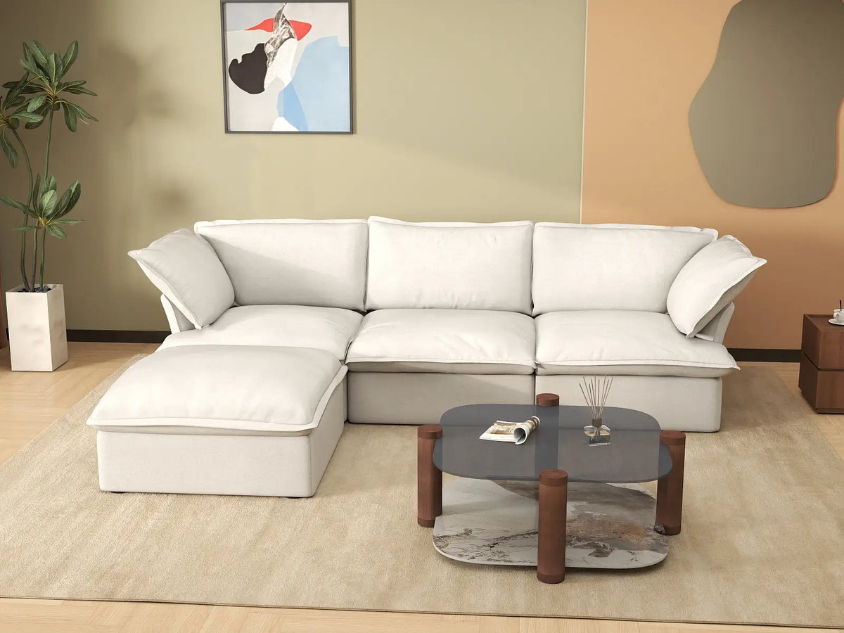 Deluxe Linen Cloud Sectional Sofas Covers | White Cotton and Linen Sofa Covers for 3-Seater With Ottoman