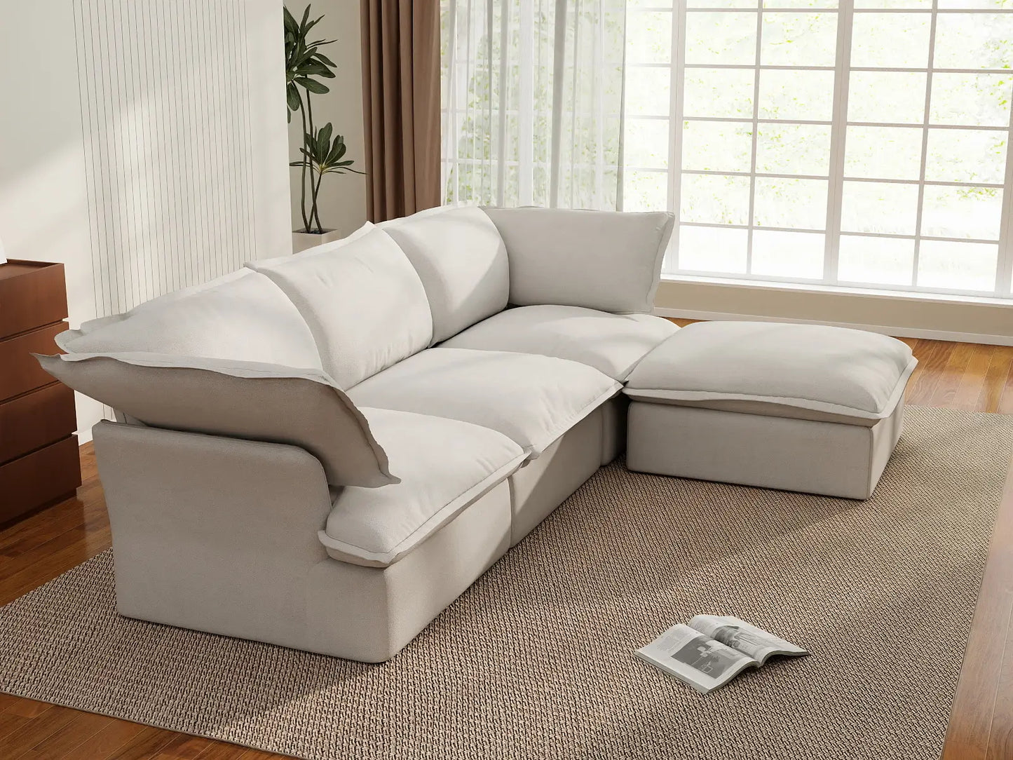 Deluxe Linen Cloud Sectional Sofas Covers | White Cotton and Linen Sofa Covers for 3-Seater With Ottoman