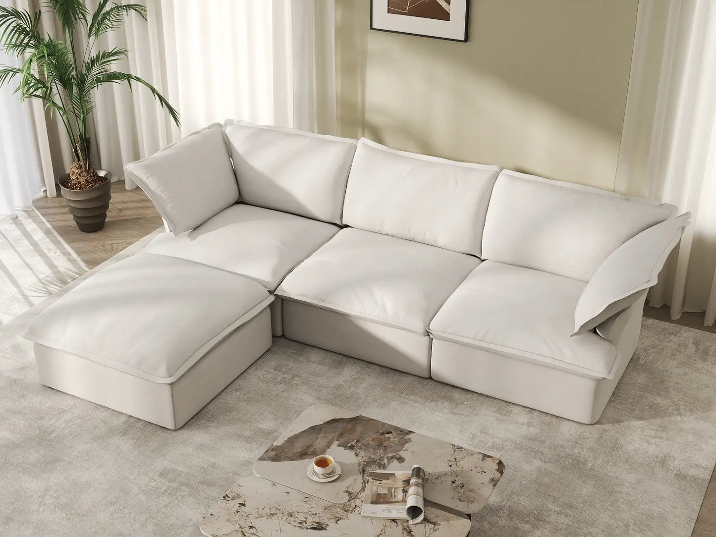 Sofá seccional en forma de L Deluxe Cloud de 3 plazas, color blanco, con espacio de almacenamiento | Juego de 4 piezas (incluye 1 otomana), tejido de lino y algodón, fundas lavables