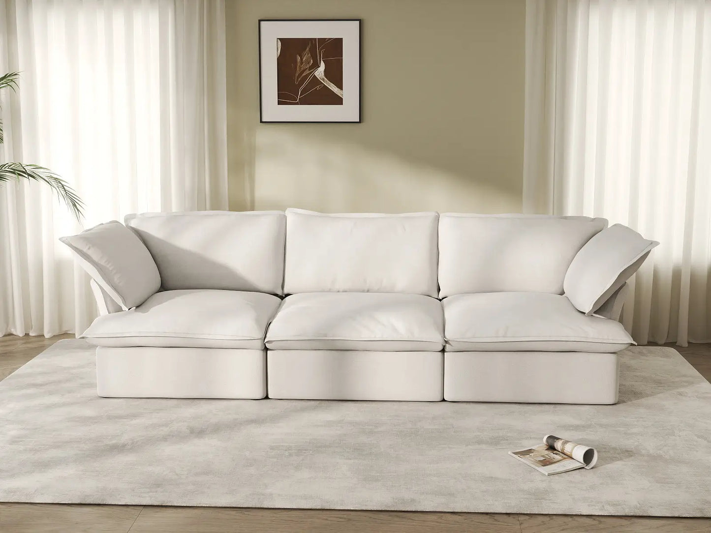 Deluxe Cloud 3-Seater White Washable Couch Sectional | 3-Piece, Linen and Cotton Fabric, Modular Design