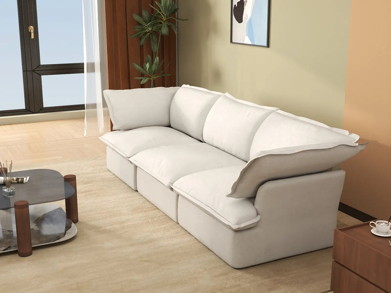 Deluxe Cloud 3-Seater White Washable Couch Sectional | 3-Piece, Linen and Cotton Fabric, Modular Design