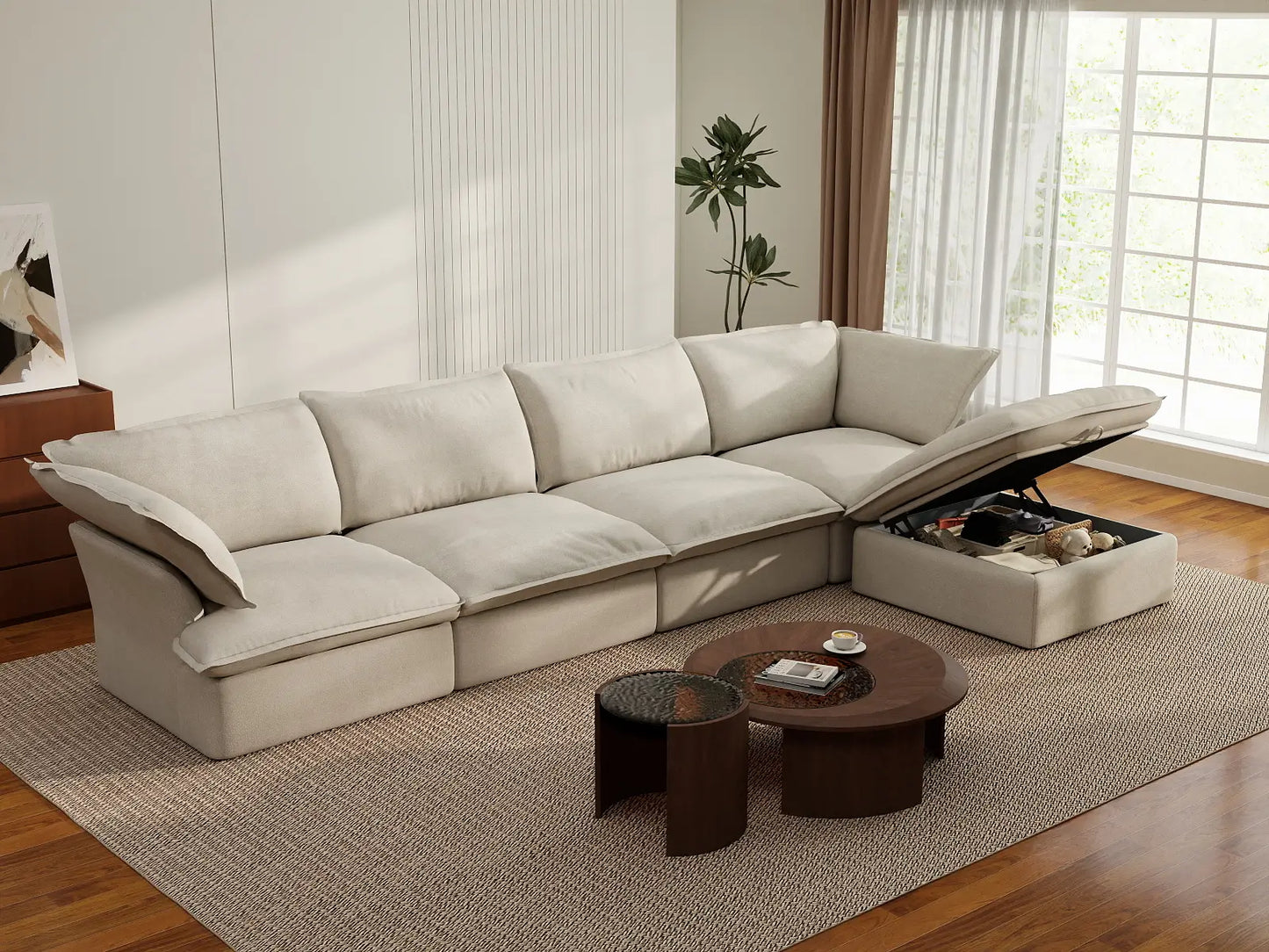 Sofá seccional en forma de L Deluxe Cloud de 4 plazas, color beige, con espacio de almacenamiento | Juego de 5 piezas (incluye 1 otomana), tejido de lino y algodón, fundas lavables