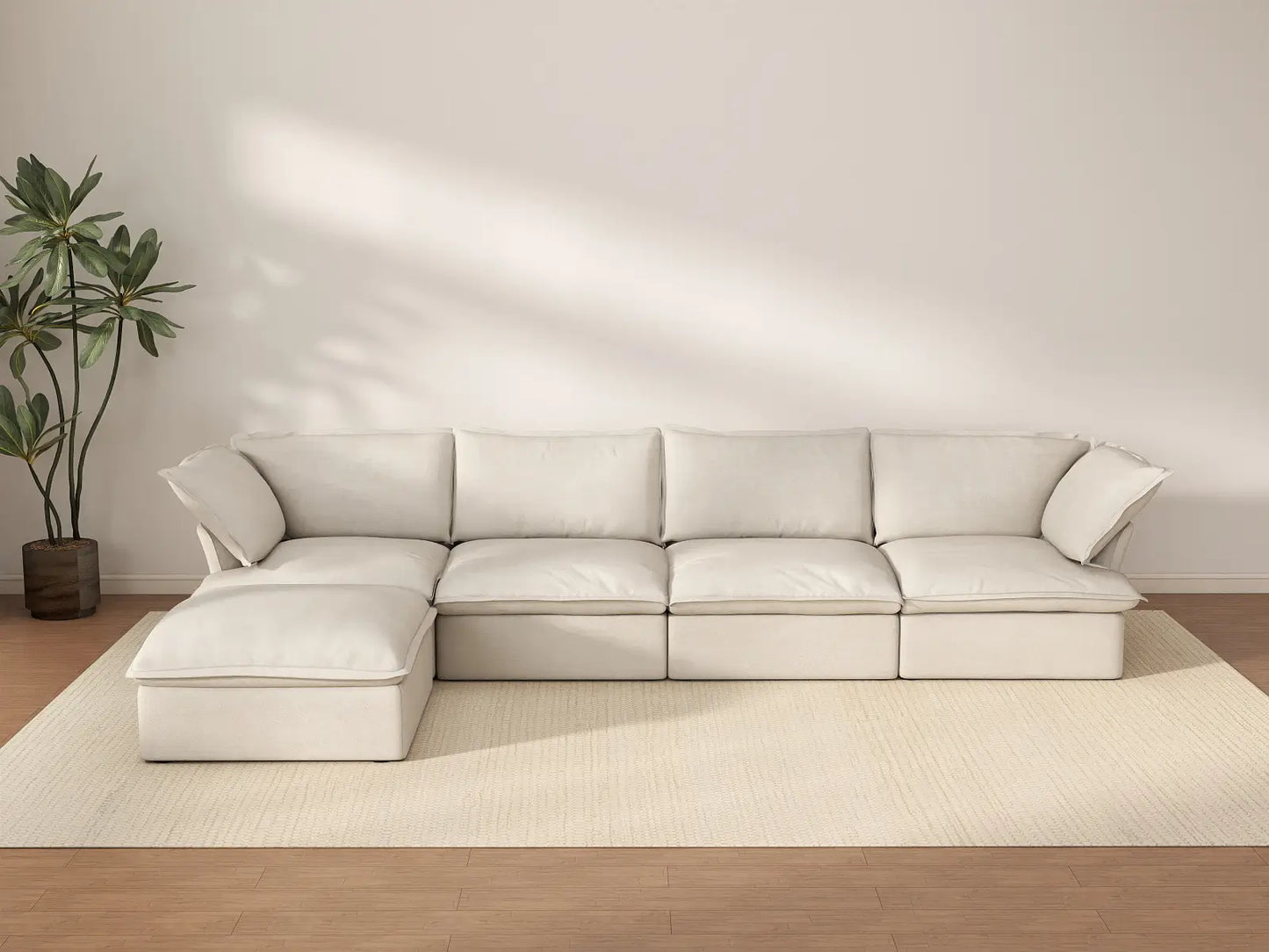 Sofá seccional en forma de L Deluxe Cloud de 4 plazas, color beige, con espacio de almacenamiento | Juego de 5 piezas (incluye 1 otomana), tejido de lino y algodón, fundas lavables