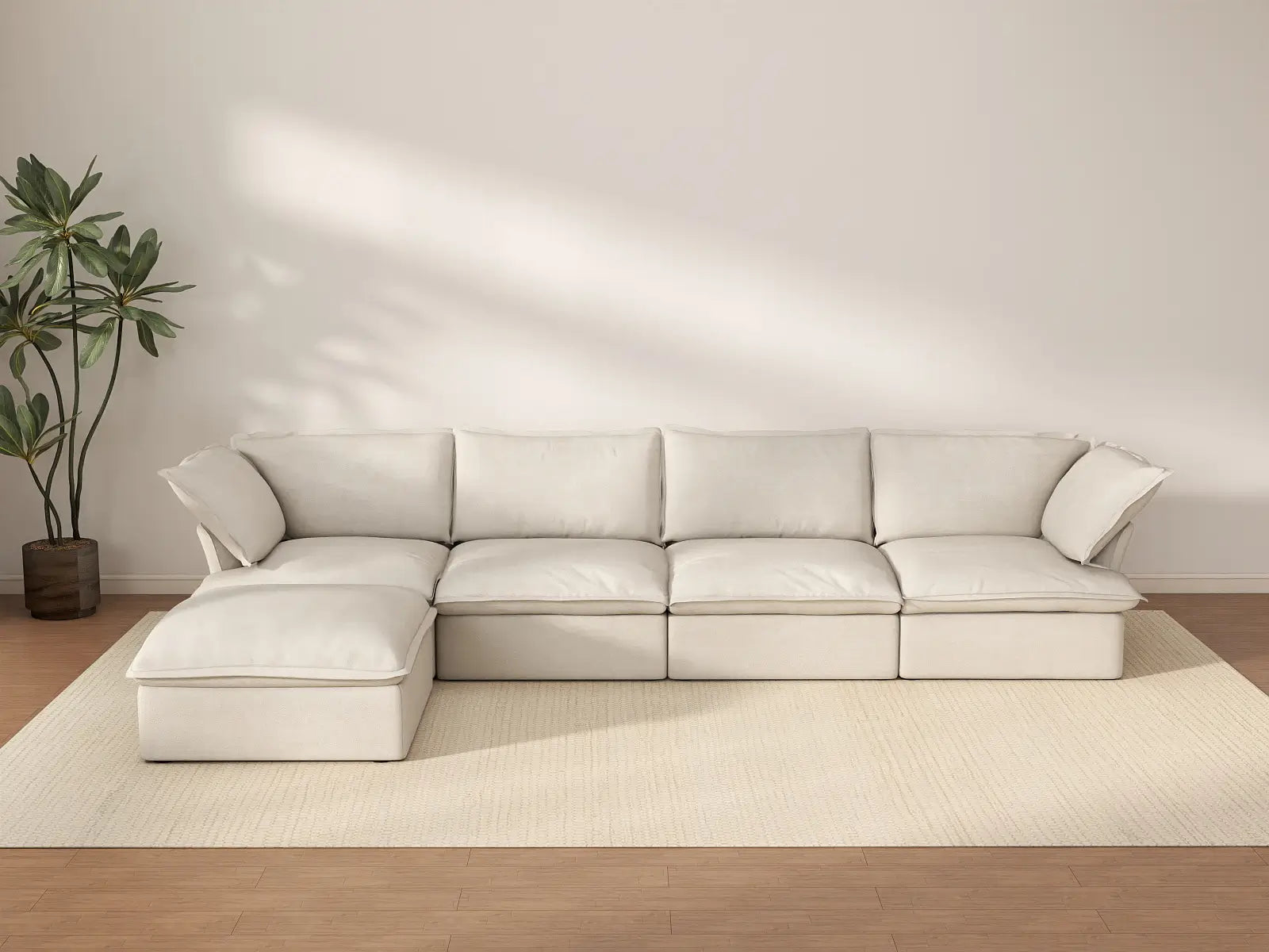 Deluxe Cloud 4-Seater Beige Storage L-Shaped Sectional | 5-Piece (includes 1 Ottoman), Linen and Cotton Fabric, Washable Covers