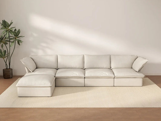 Deluxe Cloud 4-Seater Beige Storage L-Shaped Sectional | 5-Piece (includes 1 Ottoman), Linen and Cotton Fabric, Washable Covers