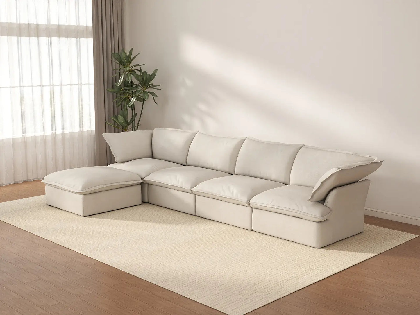 Sofá seccional en forma de L Deluxe Cloud de 4 plazas, color beige, con espacio de almacenamiento | Juego de 5 piezas (incluye 1 otomana), tejido de lino y algodón, fundas lavables