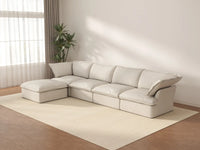 Sofá seccional en forma de L Deluxe Cloud de 4 plazas, color beige, con espacio de almacenamiento | Juego de 5 piezas (incluye 1 otomana), tejido de lino y algodón, fundas lavables