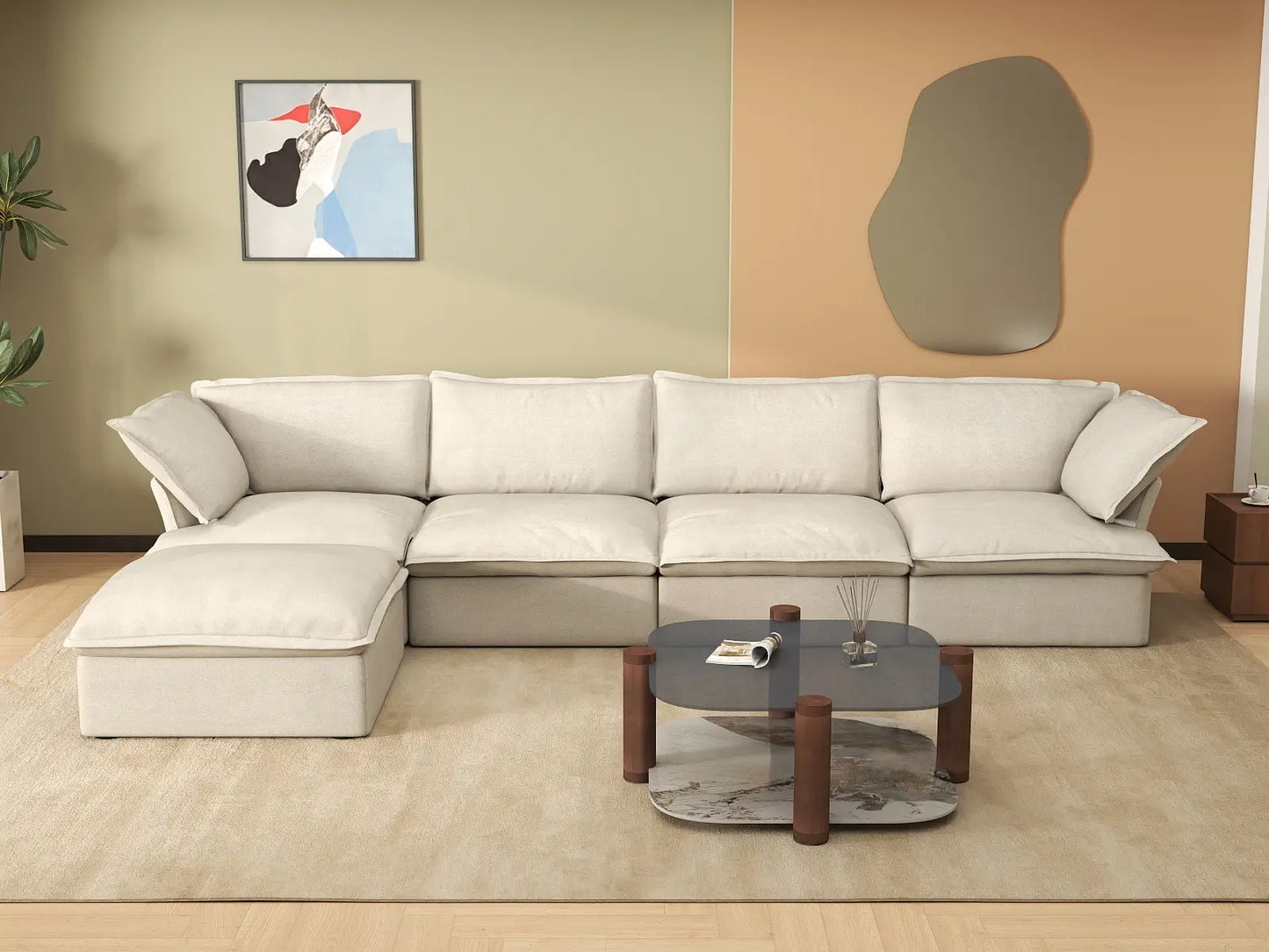 Sofá seccional en forma de L Deluxe Cloud de 4 plazas, color beige, con espacio de almacenamiento | Juego de 5 piezas (incluye 1 otomana), tejido de lino y algodón, fundas lavables