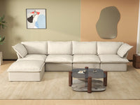 Sofá seccional en forma de L Deluxe Cloud de 4 plazas, color beige, con espacio de almacenamiento | Juego de 5 piezas (incluye 1 otomana), tejido de lino y algodón, fundas lavables