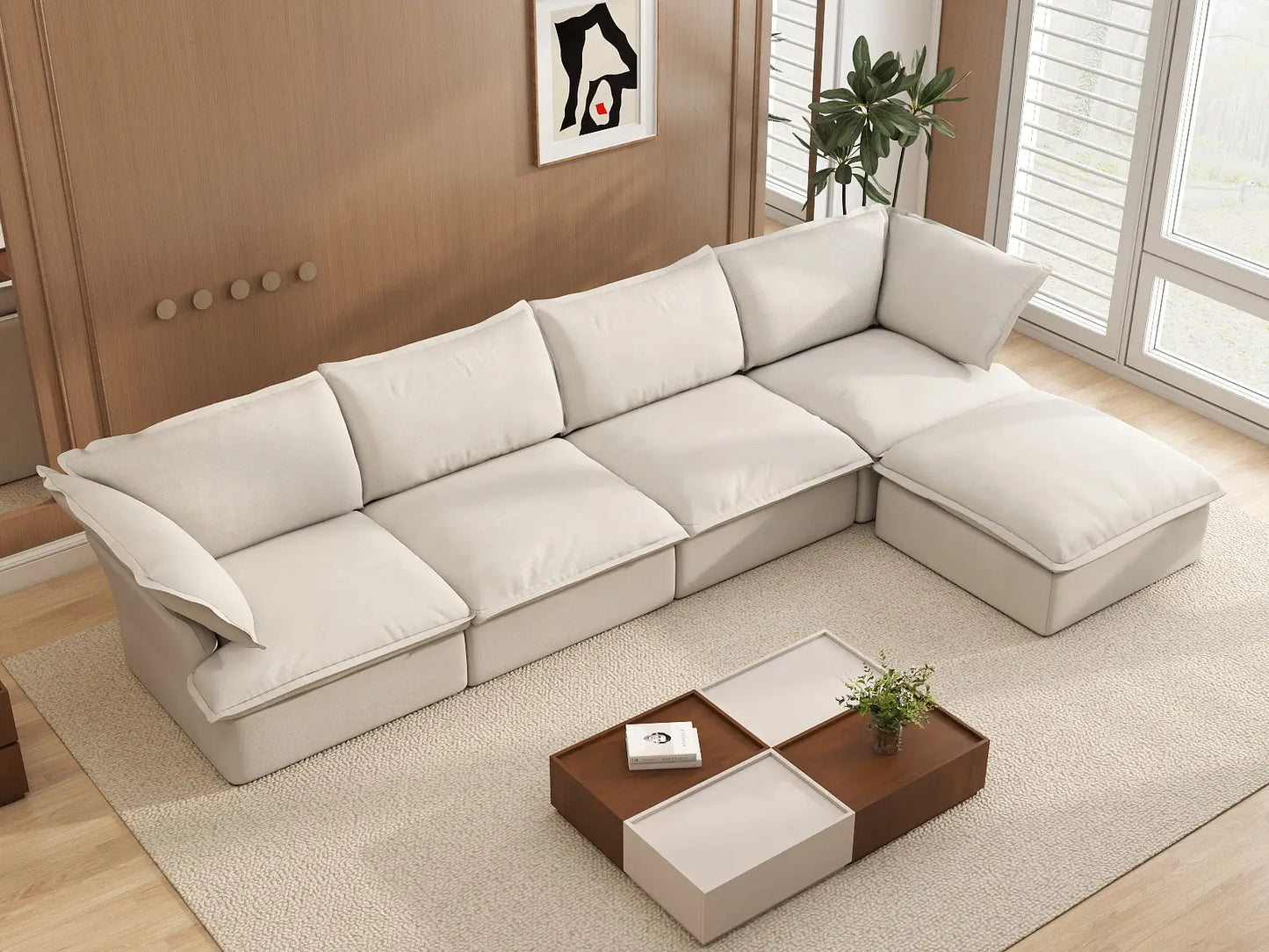 Deluxe Linen Cloud Sectional Sofas Covers | Beige Cotton and Linen Sofa Cover for 4-Seater