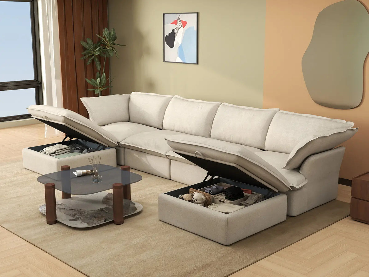 Sofá seccional en forma de U Deluxe Cloud de 4 plazas, color beige, con espacio de almacenamiento | Juego de 6 piezas (incluye 2 otomanas), tejido de lino y algodón, fundas lavables