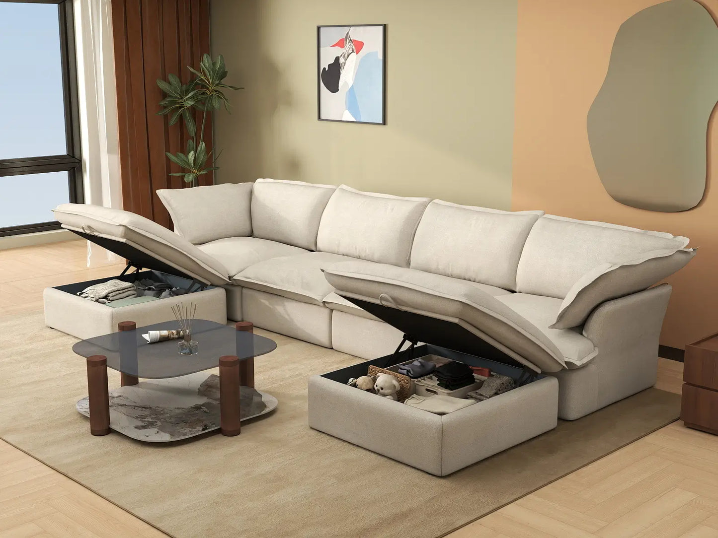 Sofá seccional en forma de U Deluxe Cloud de 4 plazas, color beige, con espacio de almacenamiento | Juego de 6 piezas (incluye 2 otomanas), tejido de lino y algodón, fundas lavables