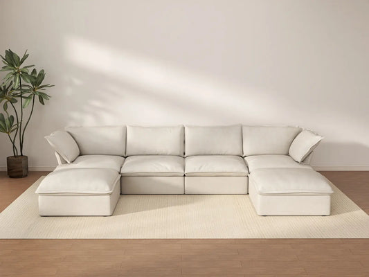 Deluxe Cloud 4-Seater Beige Storage U-Shaped Sectional | 6-Piece (includes 2 Ottomans), Linen and Cotton Fabric, Washable Covers