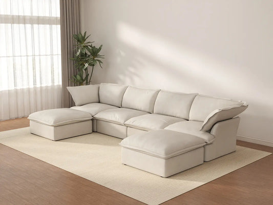 Deluxe Cloud 4-Seater Beige Storage U-Shaped Sectional | 6-Piece (includes 2 Ottomans), Linen and Cotton Fabric, Washable Covers