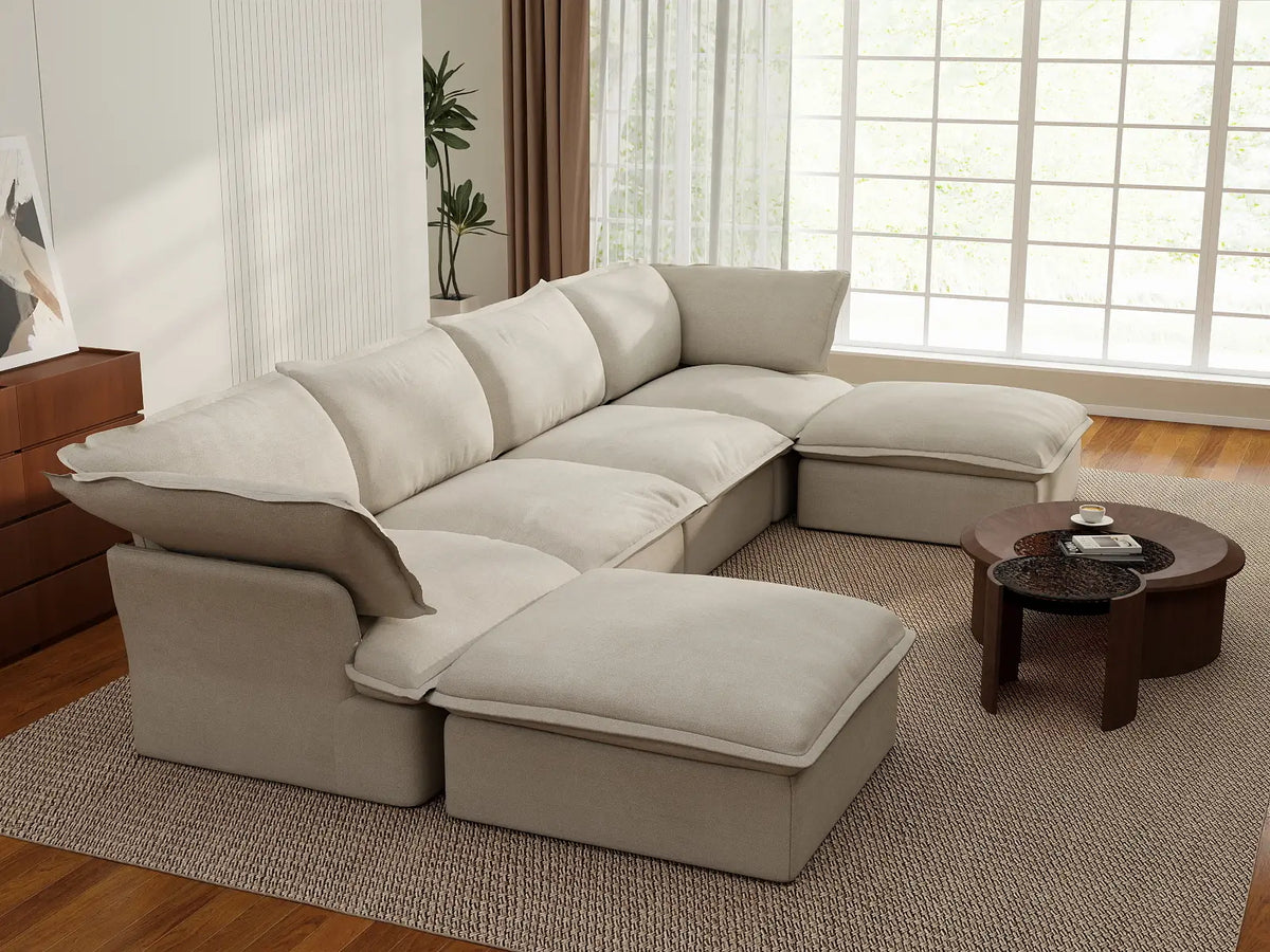 Deluxe Linen Cloud Sectional Sofas Covers | Beige Cotton and Linen Sofa Cover for 5-Seater