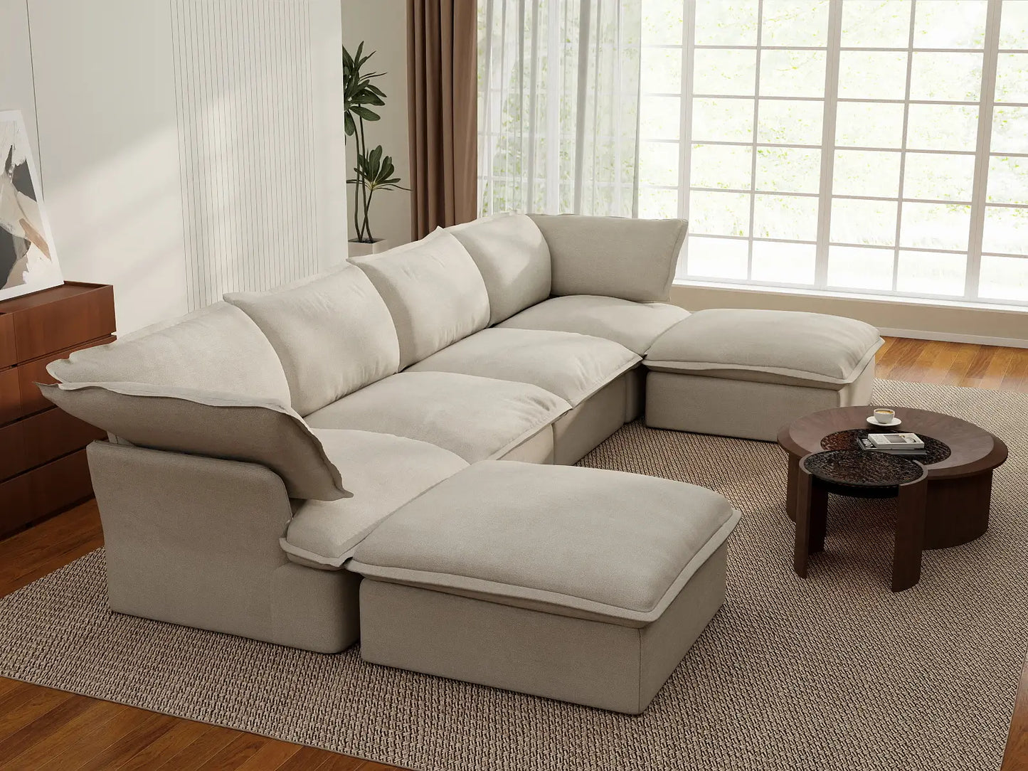 Deluxe Linen Cloud Sectional Sofas Covers | Beige Cotton and Linen Sofa Cover for 5-Seater