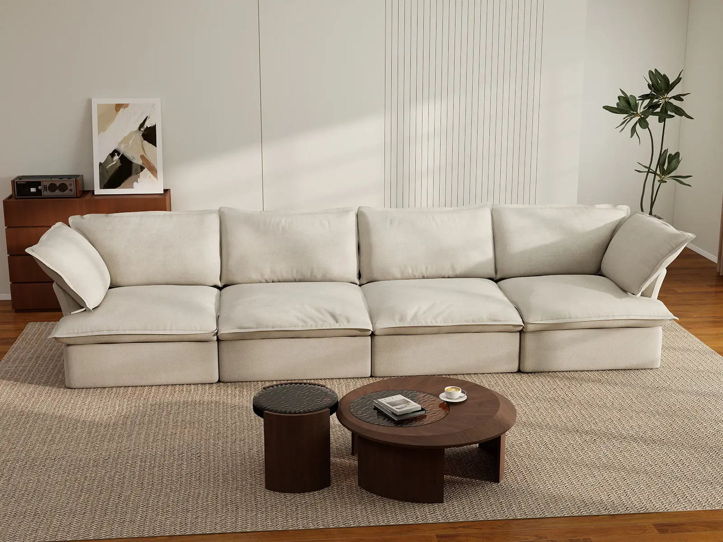 Deluxe Cloud 4-Seater Beige Washable Couch Sectional | 4-Piece, Linen and Cotton Fabric, Modular Design