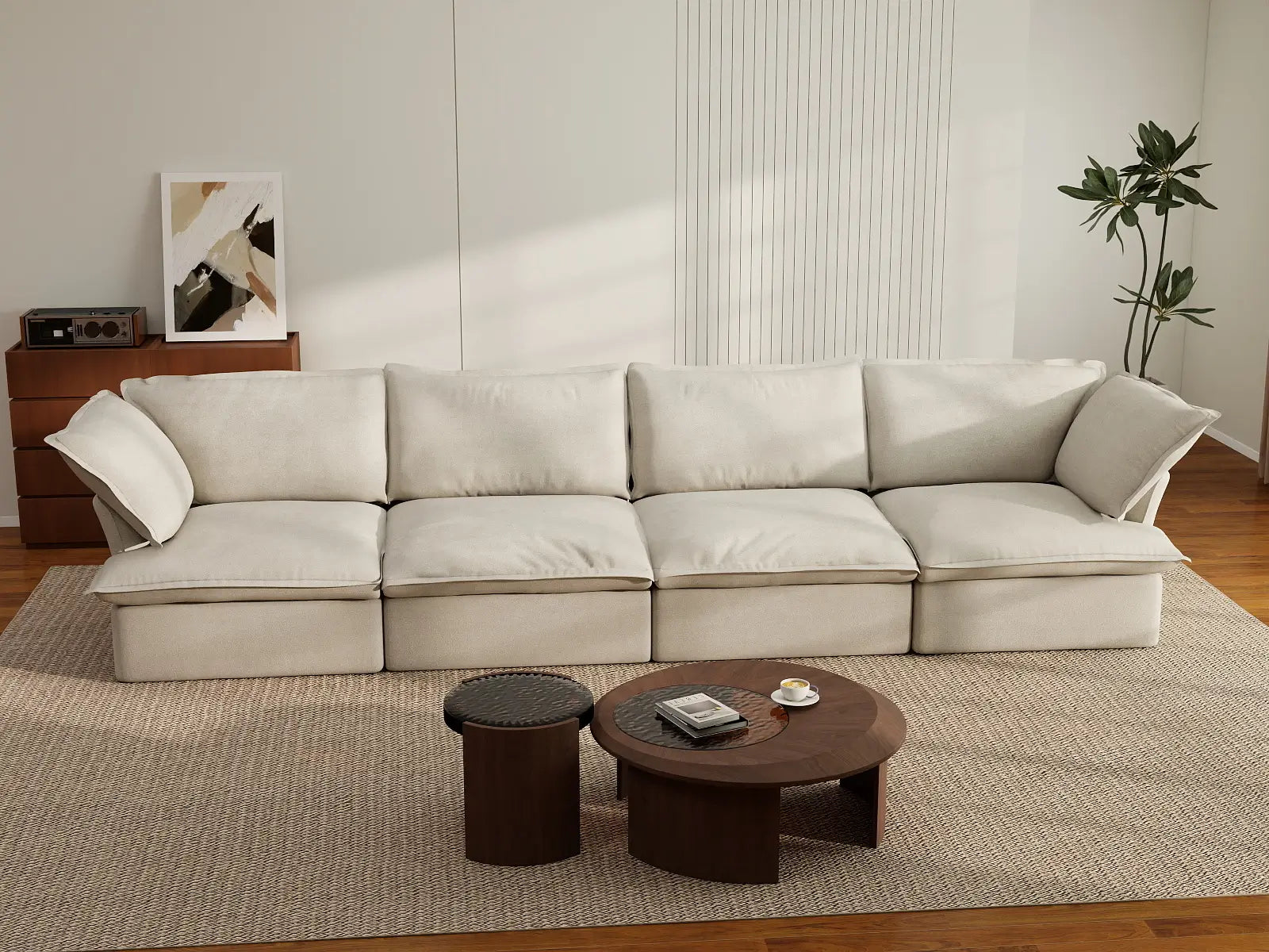 Deluxe Cloud 4-Seater Beige Washable Couch Sectional | 4-Piece, Linen and Cotton Fabric, Modular Design